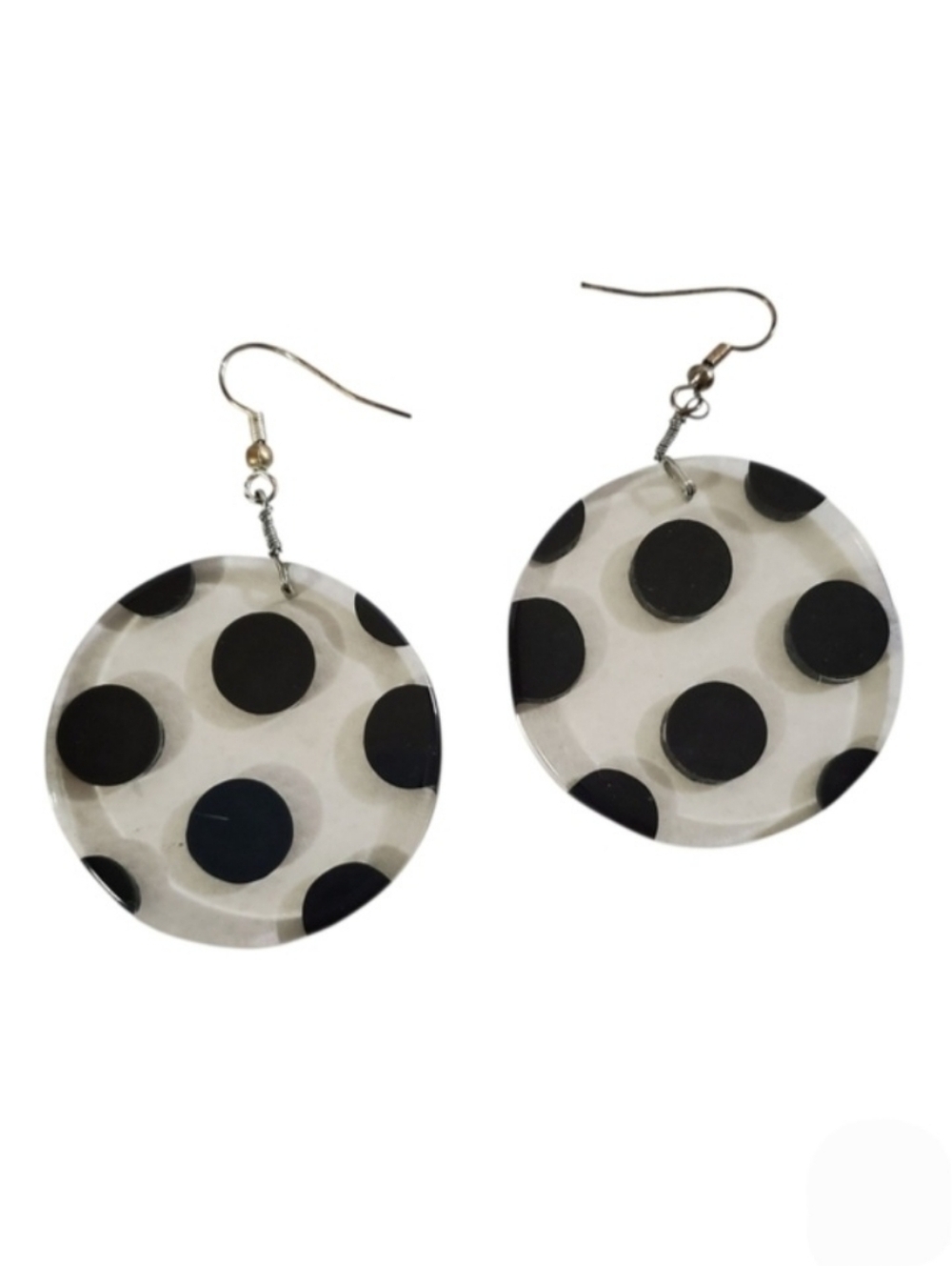 80s Black Polka Dot Clear Acrylic Disc Wire Earrings Vintage